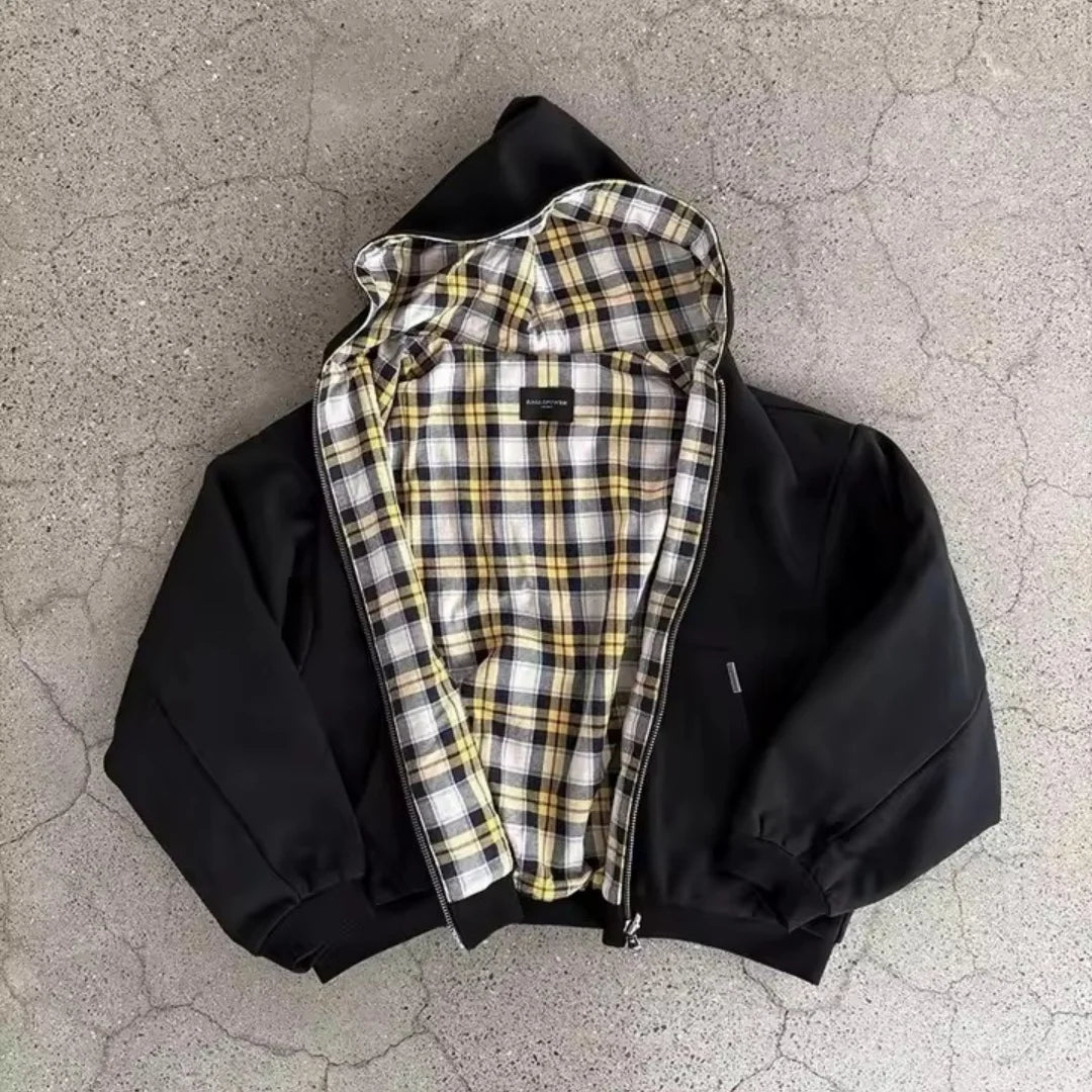 Grey Oversized Reversible Hoodie – Plaid Lining, Unisex Streetwear