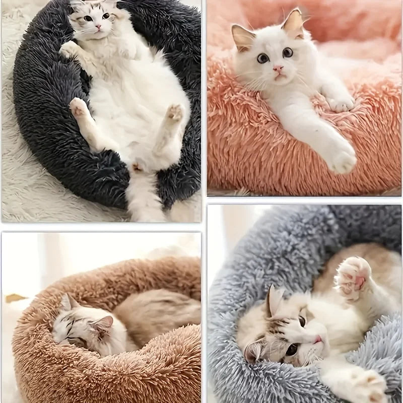 Striped Plush Pet Bed – Soft Round Nest for Cats & Dogs, Comfortable & Warm
