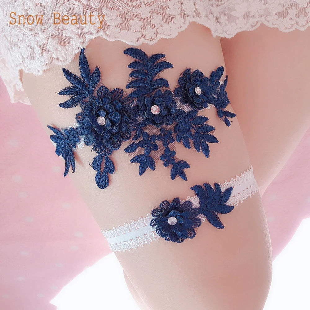 K03 2 PCS Sexy Lace Flower Crystal  Pearls Wedding Garter Belt Thigh Ring Bridal Leg Garter Stocking Garter Belt Girl Women