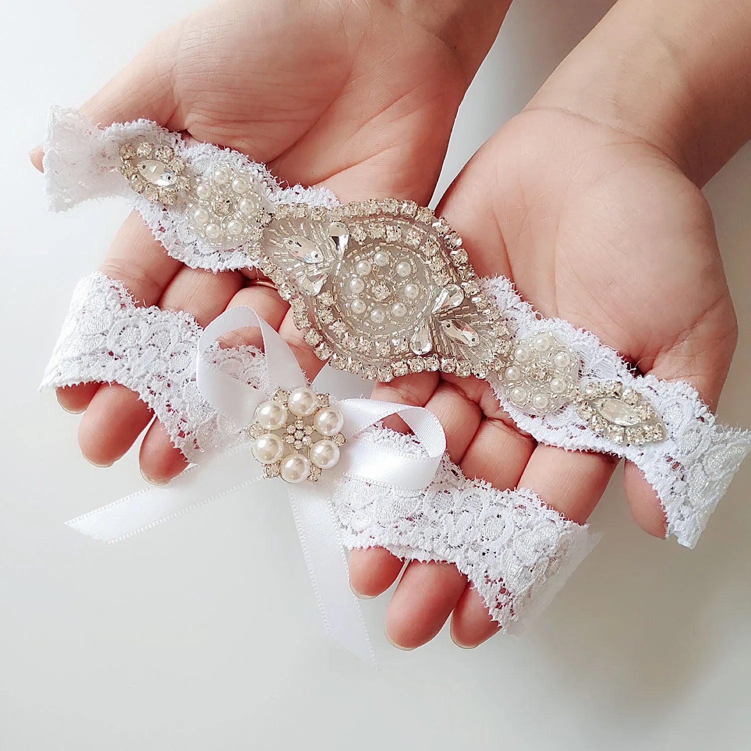 K03 2 PCS Sexy Lace Flower Crystal  Pearls Wedding Garter Belt Thigh Ring Bridal Leg Garter Stocking Garter Belt Girl Women