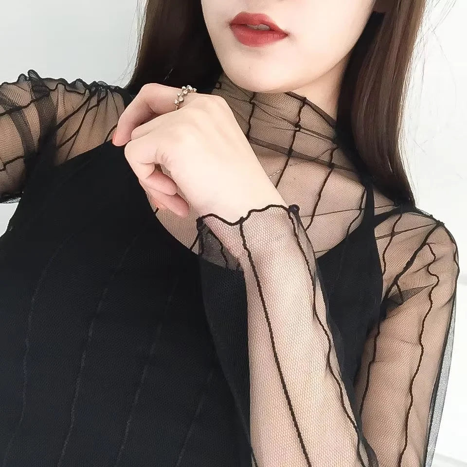 Spring Summer Women Sexy Black Mesh Tops Bottoming T Shirts Transparent Sheer Blouses Turtleneck Streetwear Tees Sunscreen Top