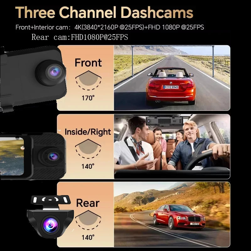 3 Channel 11" Mirror Dash Cam with Front 4K, in-Cabin & Rear 1080P Cameras, Enhanced Night Vision, G-Sensor & Parking Monitor,Tr