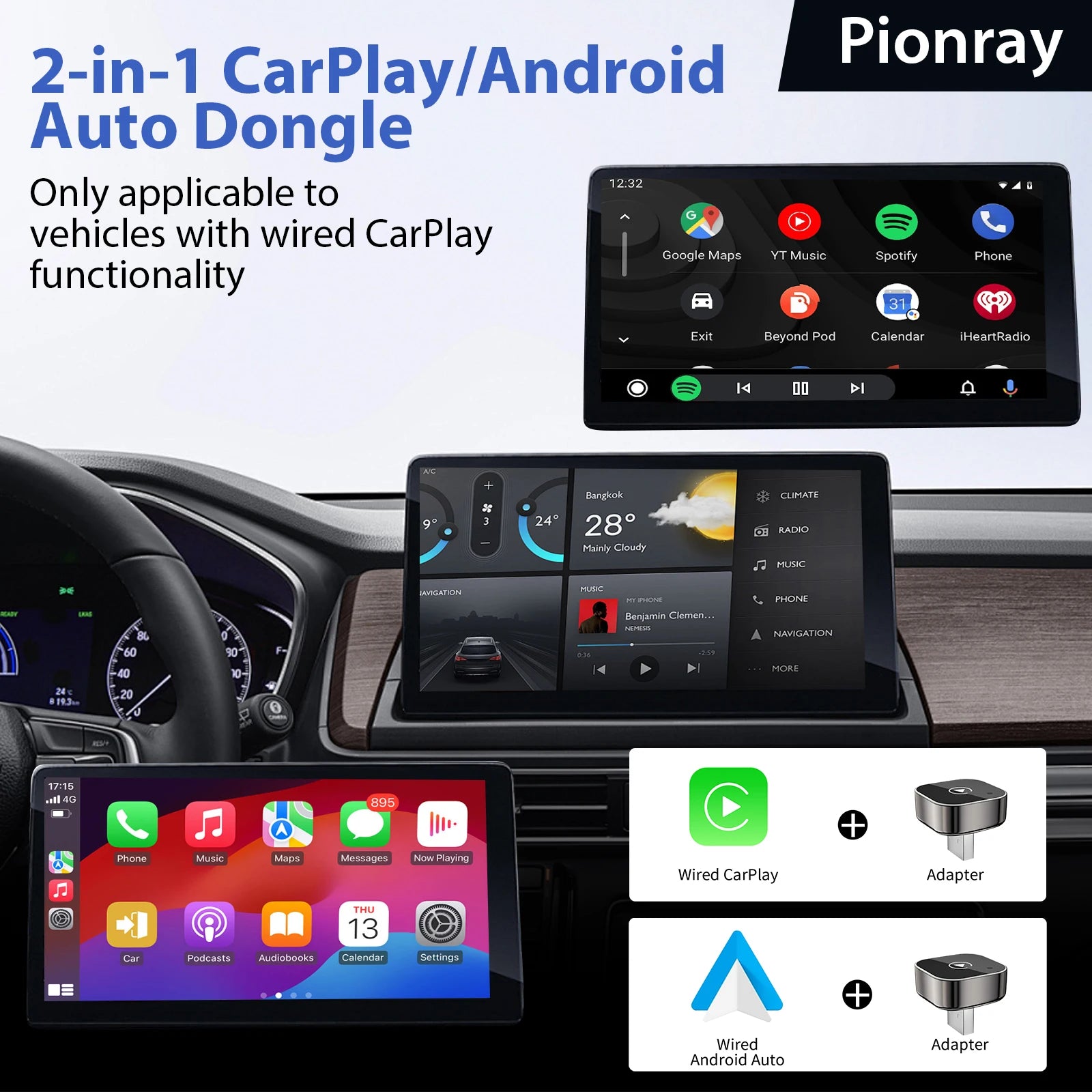 Pionray 2-in-1 Wireless CarPlay & Android Auto Adapter – 5GHz WiFi, USB/Type-C Plug & Play