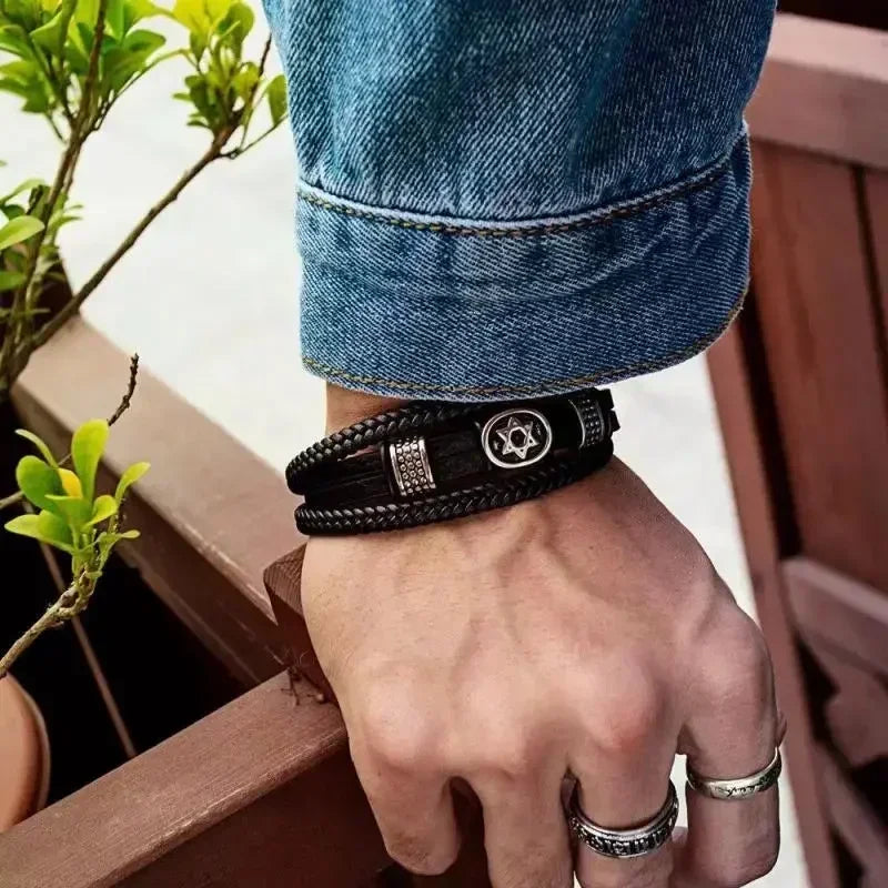 Men’s Star of David Bracelet – Vintage Leather Braided Judaica Jewelry ✡️🖤