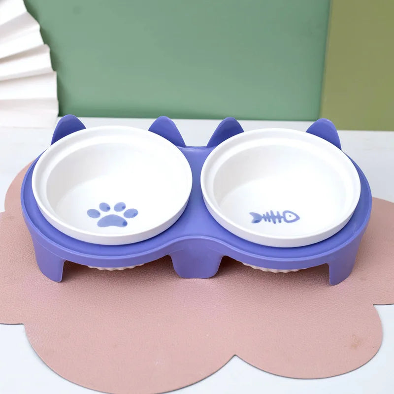 Inclined Double Ceramic Bowl – Protects Pet’s Neck