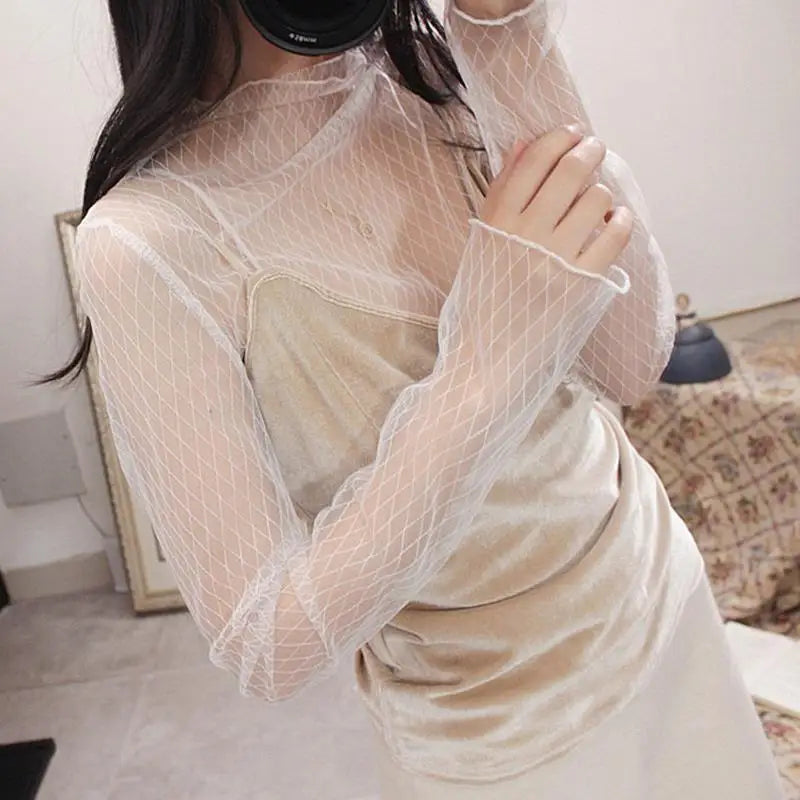 Spring Summer Women Sexy Black Mesh Tops Bottoming T Shirts Transparent Sheer Blouses Turtleneck Streetwear Tees Sunscreen Top