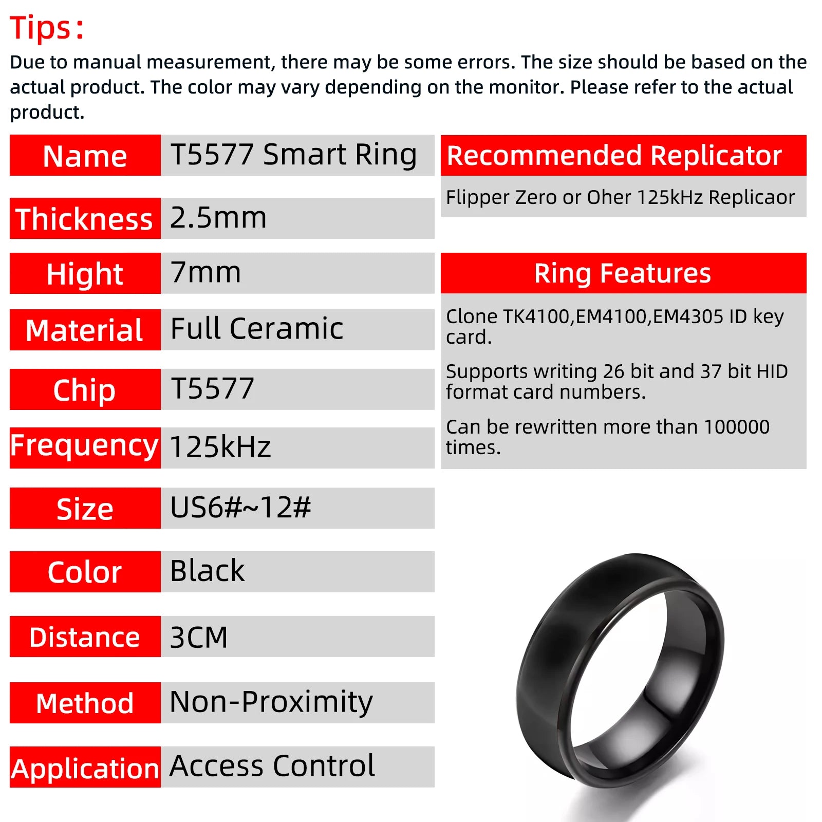 “T5577 RFID Ceramic Smart Ring – 125kHz, Rewritable”