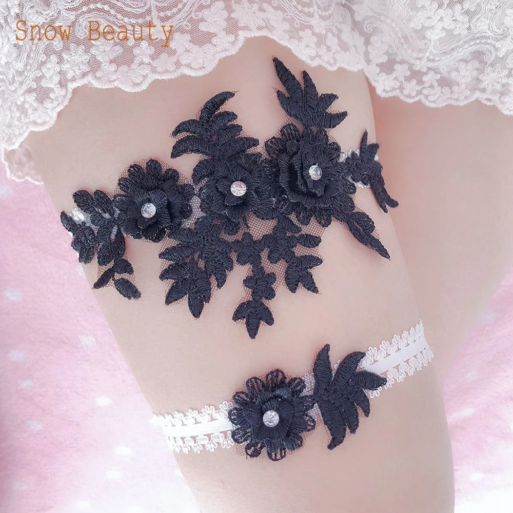 K03 2 PCS Sexy Lace Flower Crystal  Pearls Wedding Garter Belt Thigh Ring Bridal Leg Garter Stocking Garter Belt Girl Women