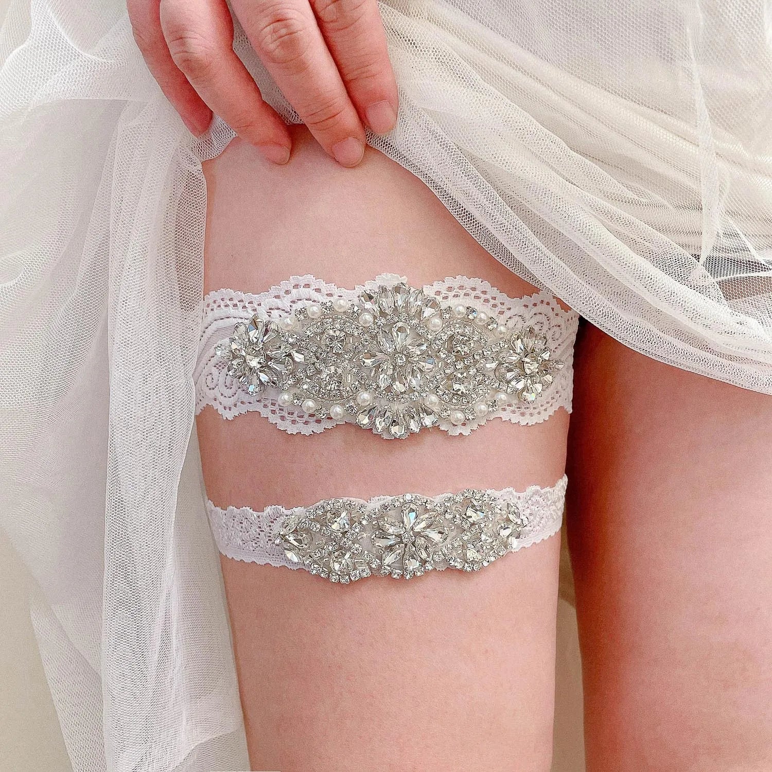K03 2 PCS Sexy Lace Flower Crystal  Pearls Wedding Garter Belt Thigh Ring Bridal Leg Garter Stocking Garter Belt Girl Women