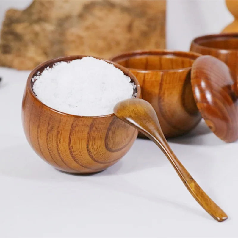 Natural Wooden Salt Cellar with Lid and Spoon Sugar Bowl Pepper Seasoning Container Holder Keeper for Kitchen Serving, Condiment