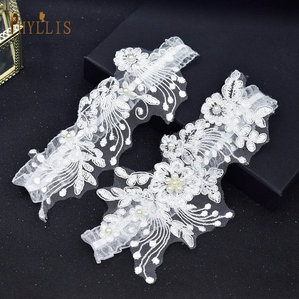 K03 2 PCS Sexy Lace Flower Crystal  Pearls Wedding Garter Belt Thigh Ring Bridal Leg Garter Stocking Garter Belt Girl Women