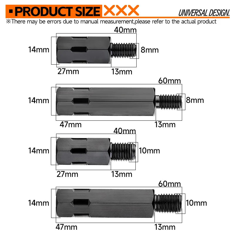 2PCS Longer Extension Black Motorcycle Rear Mirror Adapter M8 8mm M10 10mm Anti clockwise Right Left Hand Thread Changing Screw
