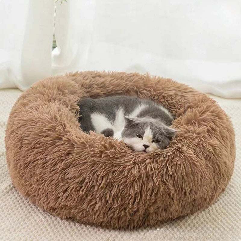Striped Plush Pet Bed – Soft Round Nest for Cats & Dogs, Comfortable & Warm