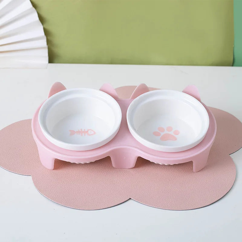 Inclined Double Ceramic Bowl – Protects Pet’s Neck