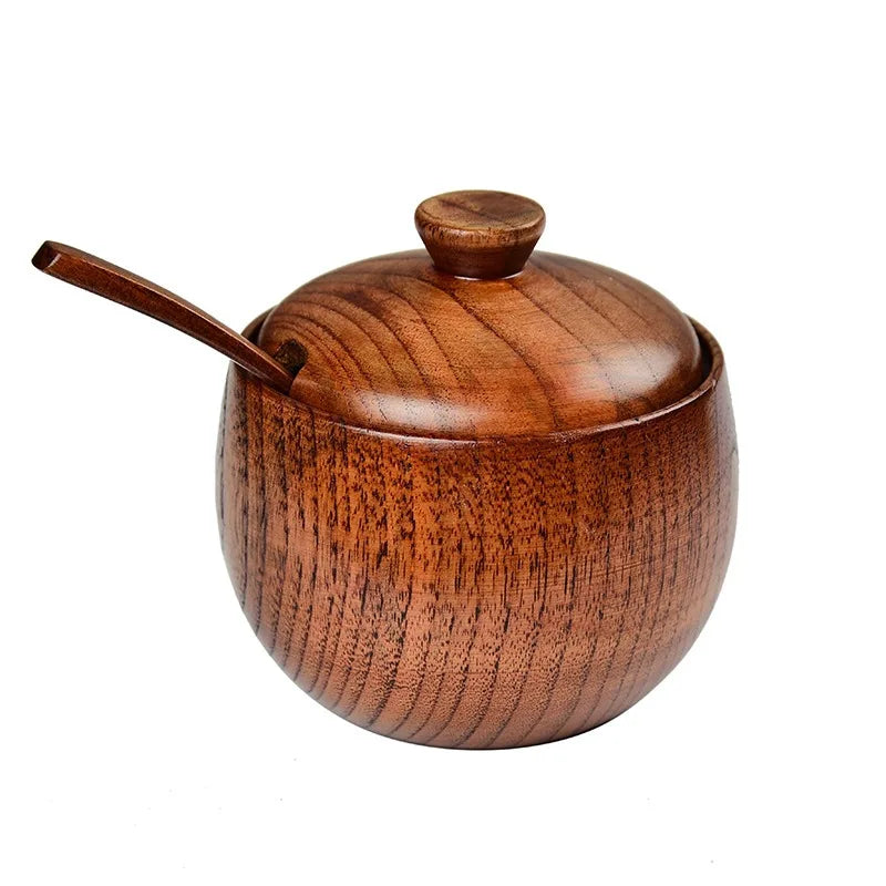 Natural Wooden Salt Cellar with Lid and Spoon Sugar Bowl Pepper Seasoning Container Holder Keeper for Kitchen Serving, Condiment