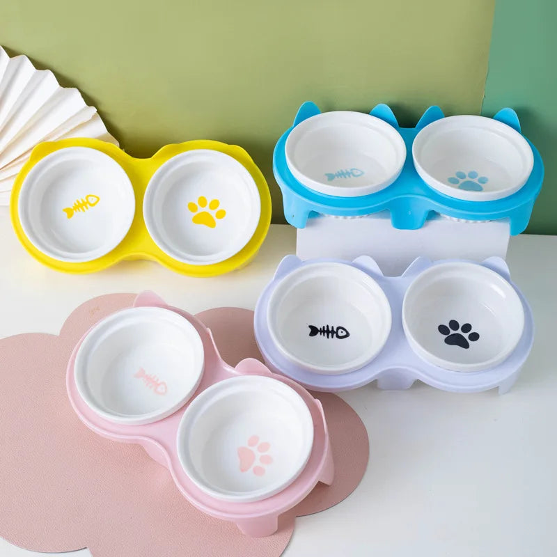 Inclined Double Ceramic Bowl – Protects Pet’s Neck