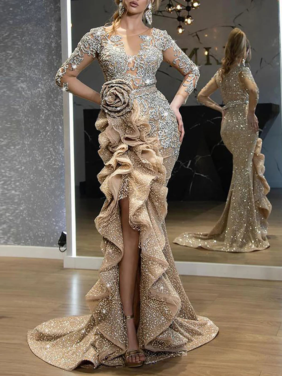 Women Elegant Luxurious Gold Sequins Evening Dress Sheer Sleeve Round Neck Ruffle Irregular Sexy High Split Wedding Maxi Dresses