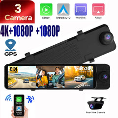 3 Channel 11" Mirror Dash Cam with Front 4K, in-Cabin & Rear 1080P Cameras, Enhanced Night Vision, G-Sensor & Parking Monitor,Tr