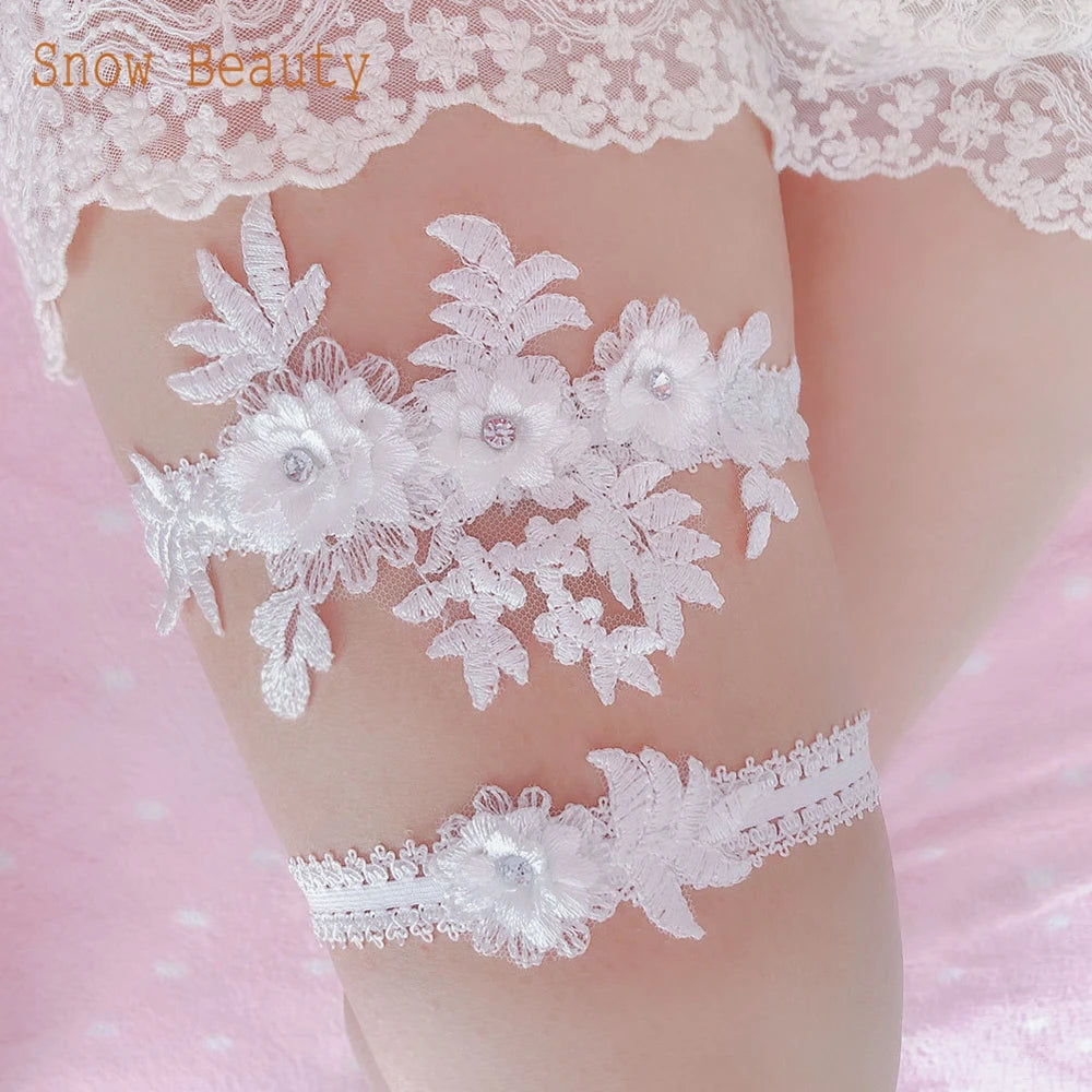 K03 2 PCS Sexy Lace Flower Crystal  Pearls Wedding Garter Belt Thigh Ring Bridal Leg Garter Stocking Garter Belt Girl Women