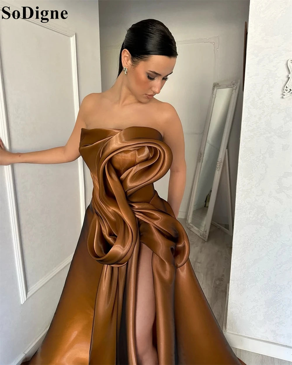 SoDigne Elegant Brown Evening Dresses A-Line Draped High Split Ruffles Strapless Long Party Dress Modern Prom Gowns Customized