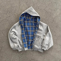 Grey Oversized Reversible Hoodie – Plaid Lining, Unisex Streetwear